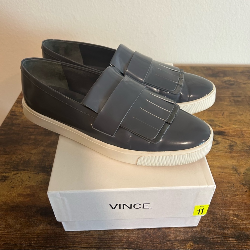 Vince Women’s Patent Leather Tassell Dark Gray Slip-On Loafers
